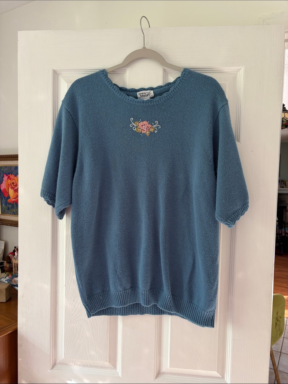 Valleygirl Dusty Blue Short-Sleeve Embroidered Knit Sweater